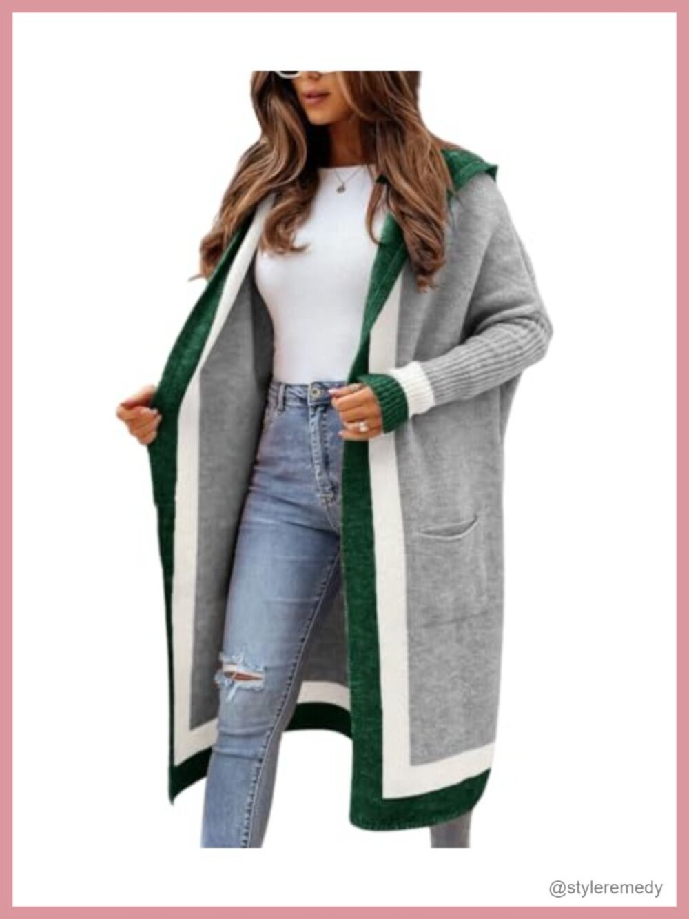 Color Block Striped Oversized Hooded Long Cardigan Sweater with Pockets